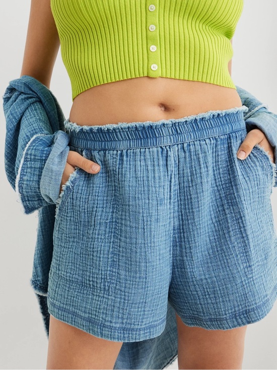 aerie Pants - Aerie Gauzy High Waisted Blue Cotton Raw Edge Lounge Shorts M Pockets Beach